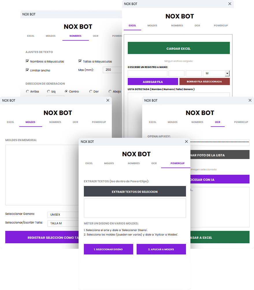 Interfaz de NOX BOT con las pestañas Excel, Moldes, Nombres, OCR y PowerClip
